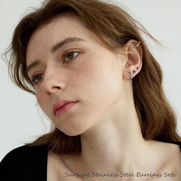 7 Pairs Surgical Steel Flat Back Stud and Huggie Hoop Earrings for Sensitive Ear - Picture 2 of 7